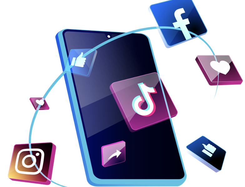 Illustration of iPhone with social icons surrounding it