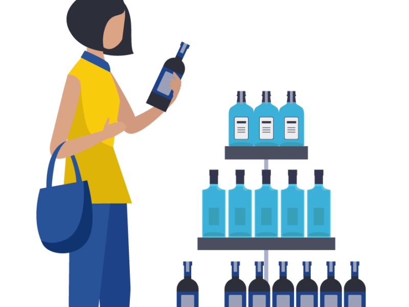 illustrated woman picking bottles off a shelf